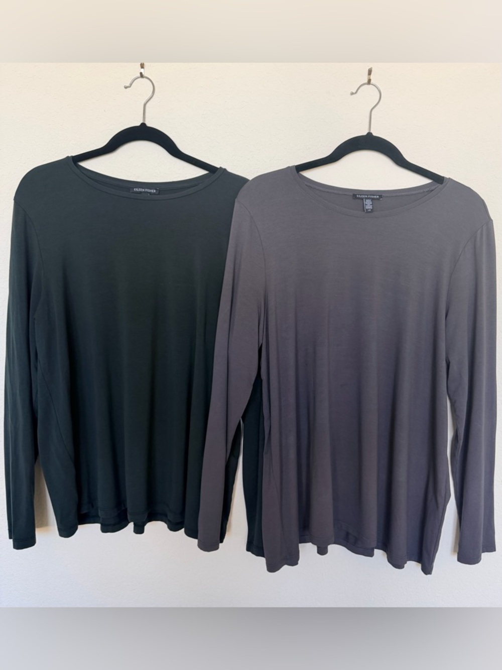 Lot 2 Eileen Fisher Long Sleeve Tops Size Large Tencel Viscose Black Gray Bundle